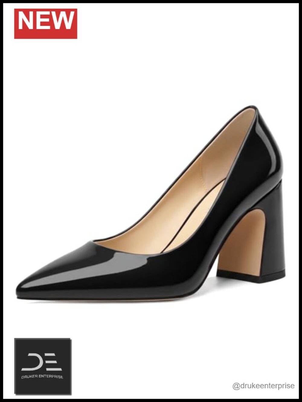 Patent Leather Pointed Toe Chunky Heel Pumps Slip-On 3.5 Inch